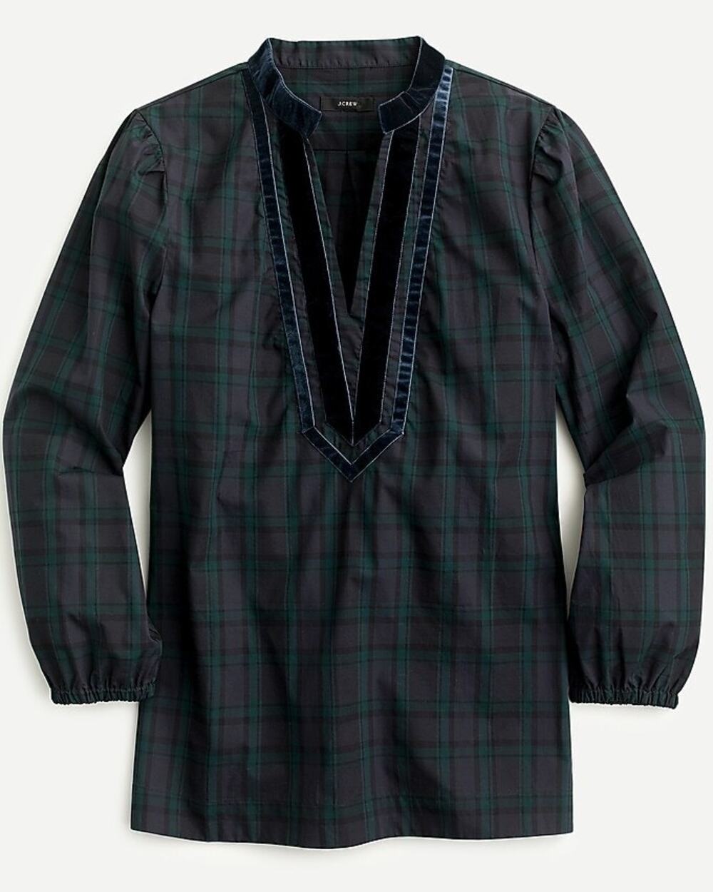 J crew Women’s Velvet-trimmed V-neck tunic in Black Watch Tartan Holiday M